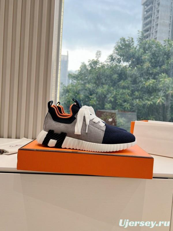 2024 Unisex Hermès blue grey orange knit leather sneakers