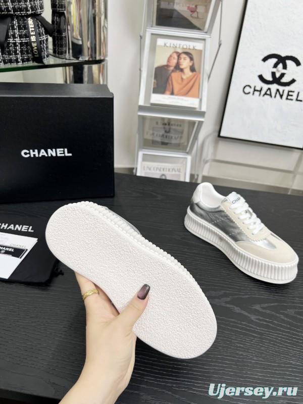 2025 Women Chanel White Silver Suede Leather Sneakers LY00270