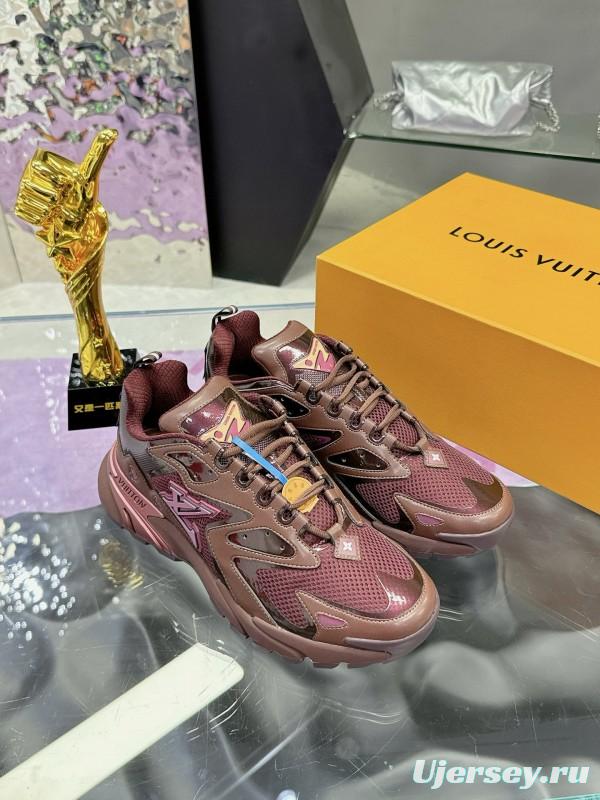 2025 Men Louis Vuitton Brown Mesh Leather Sneakers MJ00420