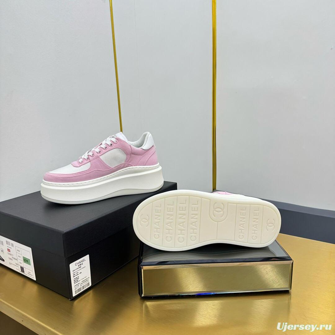 2025 Women Chanel Pink White Leather Suede Platform Sneakers
