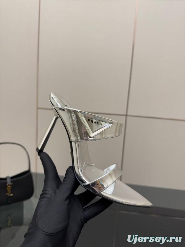 2025 Women Prada Silver Leather Pointed Toe Sandals