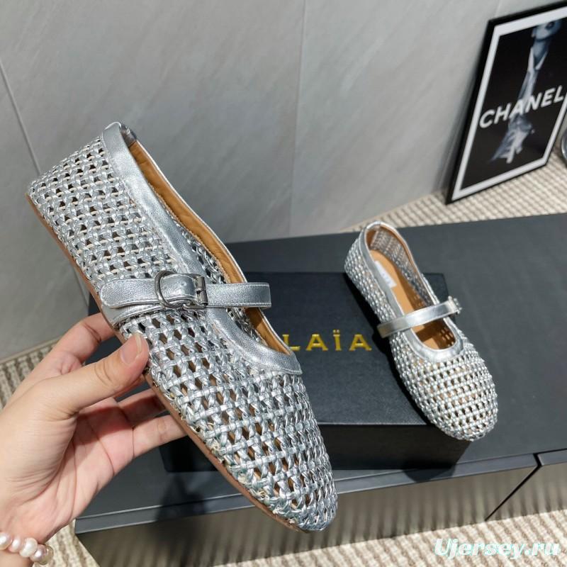 2025 Women Alaïa Silver Leather Woven Mary Jane Flats LY00360(F)