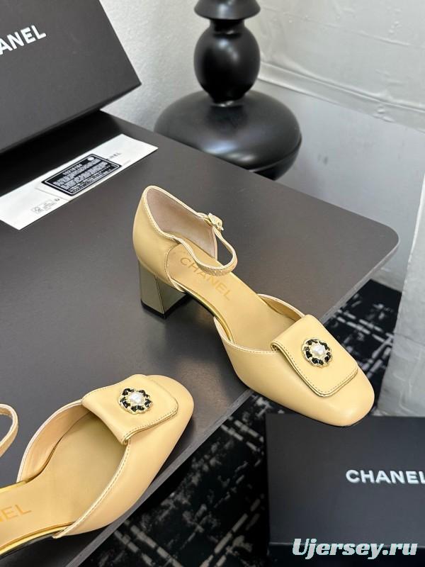 2025 Women CHANEL Beige Lambskin Mid Heel Ankle Strap Square Toe Pumps