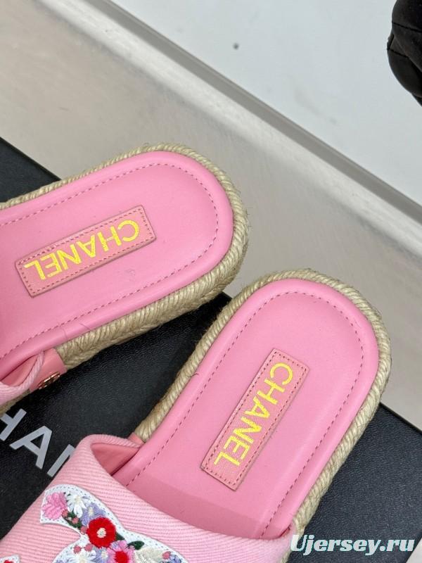 2025 Slippers Chanel Pink Canvas Embroidered KFY00230