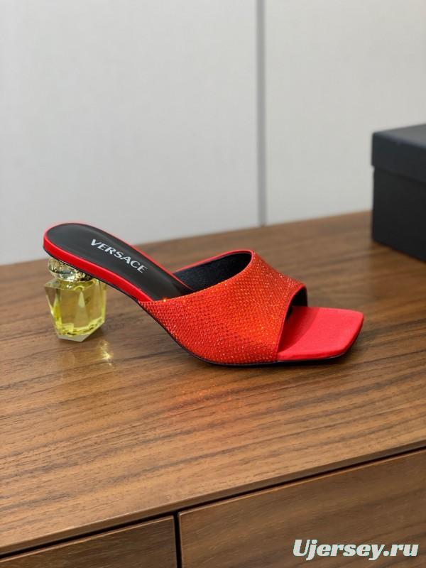 2025 Women VERSACE Red Leather Suede Slip-on Sandals