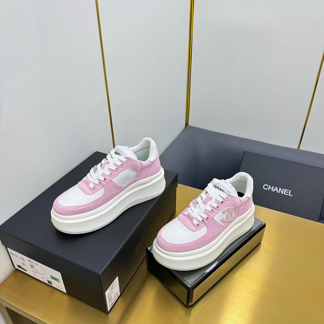 2025 Women Chanel Pink White Leather Suede Platform Sneakers