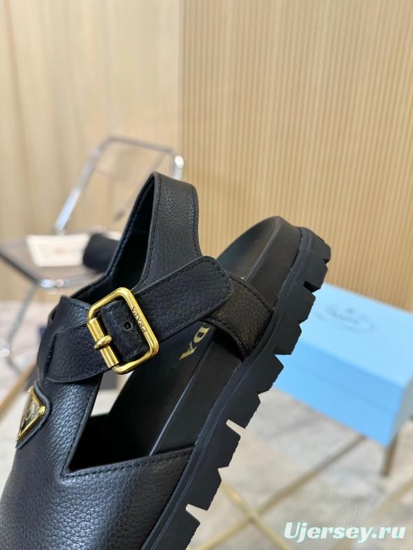 2025 Women Prada Black Leather Sandals LY00280