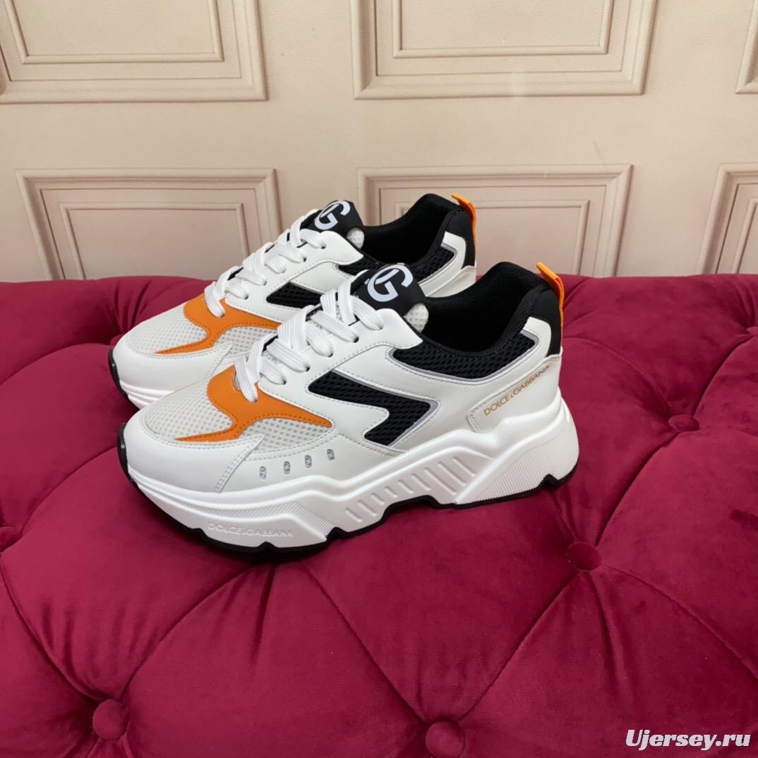2025 Unisex Dolce & Gabbana White Black Orange Leather Lycra Sneakers LY00330(F)/LY00340(M)