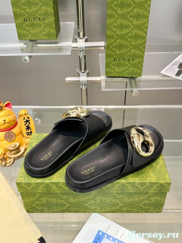 2025 Gucci Black Leather Slippers KFY00210