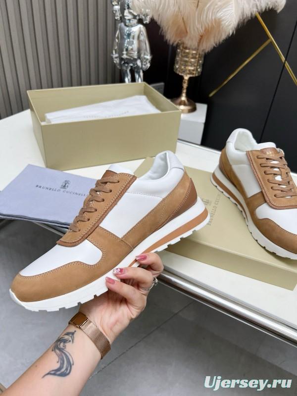 2024 Unisex Brunello Cucinelli White Brown Suede Leather Sneakers MJ00360