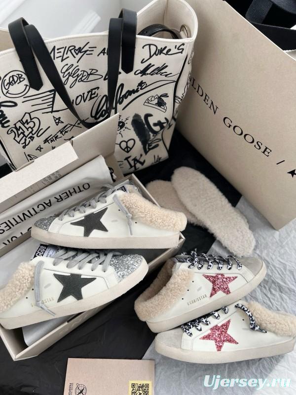 2024 Unisex GGDB White Pink Glitter Suede Leather Fur Slippers MJ00280