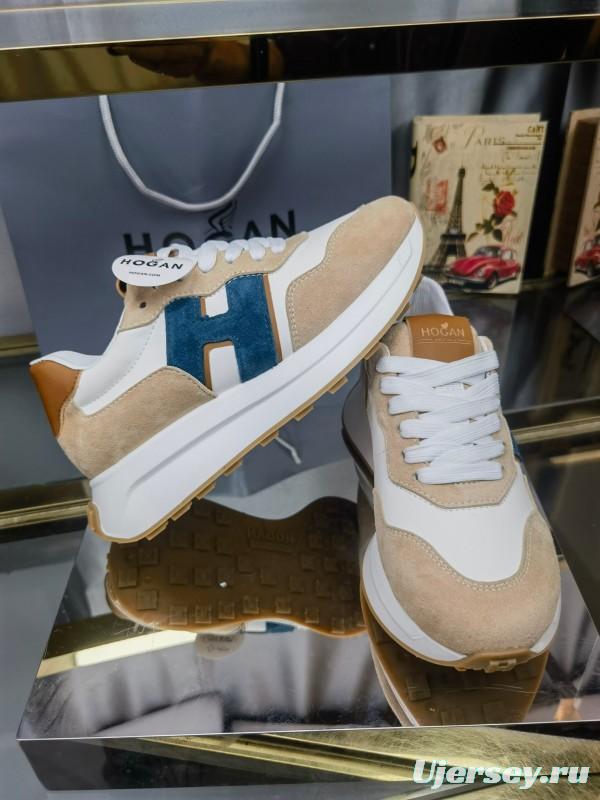 2025 Unisex HOGAN White Beige Blue Leather Suede Platform Sneakers H-STRIPES LY00360(F)/LY00370(M)