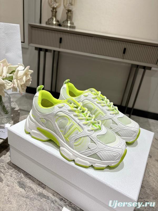 2025 Women Dior White Neon Yellow Mesh Leather Sneakers KFY00370
