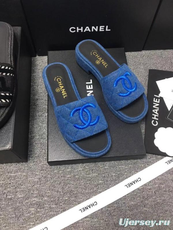 2025 Women Chanel Blue Fabric Slippers LY00000