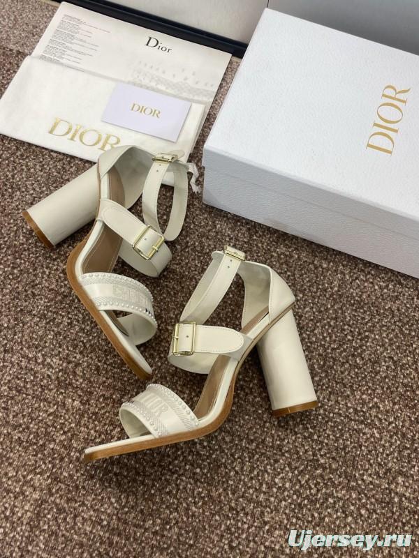 2025 Women Dior White Calfskin Leather Embroidered Sandals KFY00320