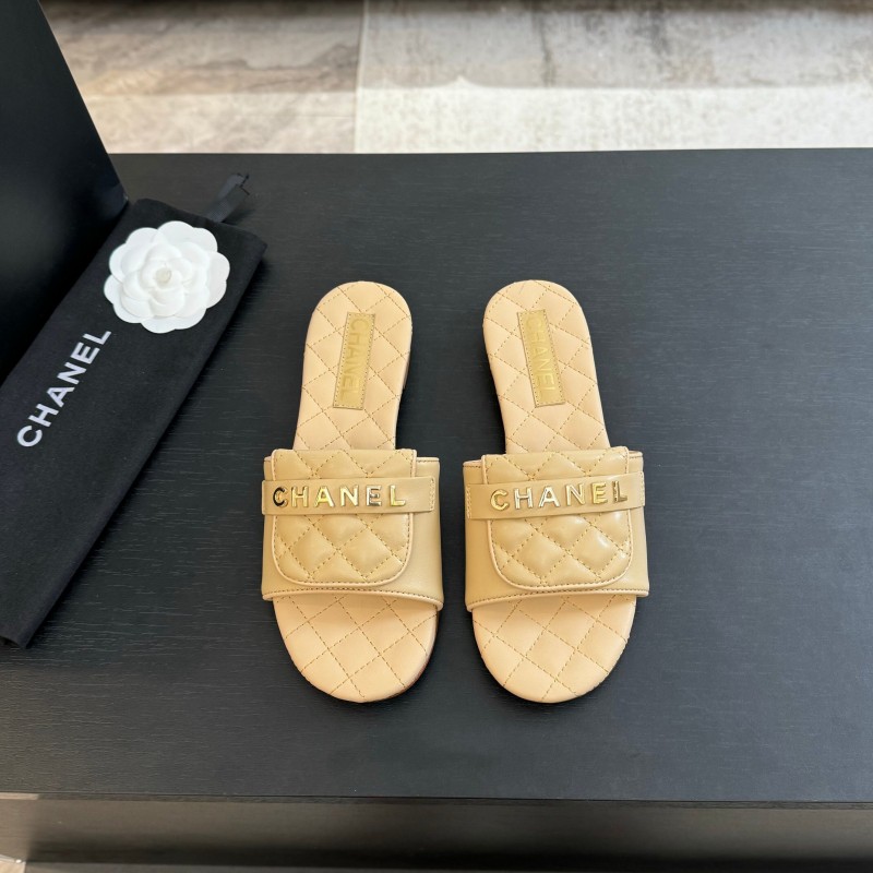 2025 Women Chanel Beige Leather Slippers