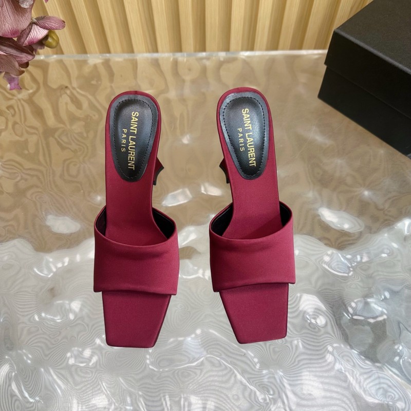 2025 Women Yves Saint Laurent Burgundy Satin High Heel Mules