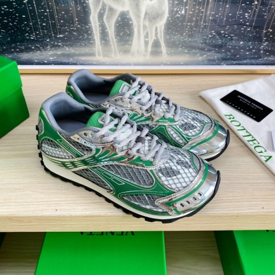 2025 Unisex Bottega Veneta Green Silver Mesh Sneakers LY00310