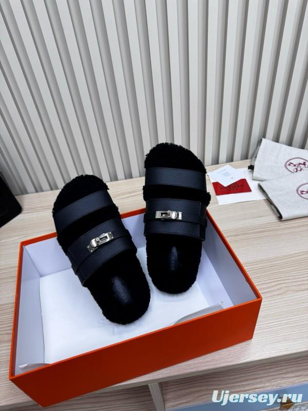 2024 Women Hermès Black Leather Shearling Slippers