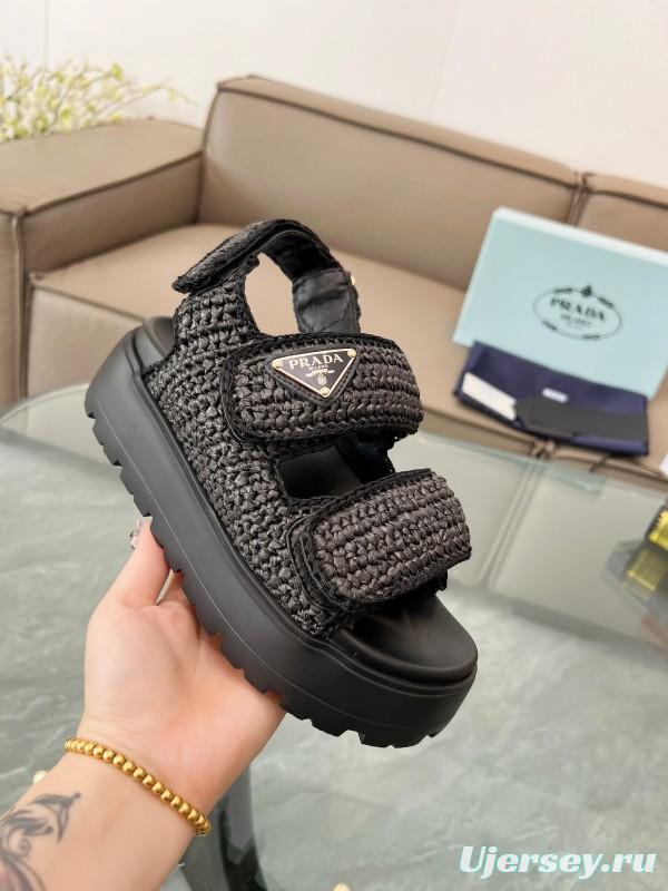 2025 Women Prada Black Woven Leather Platform Sandals LY00300
