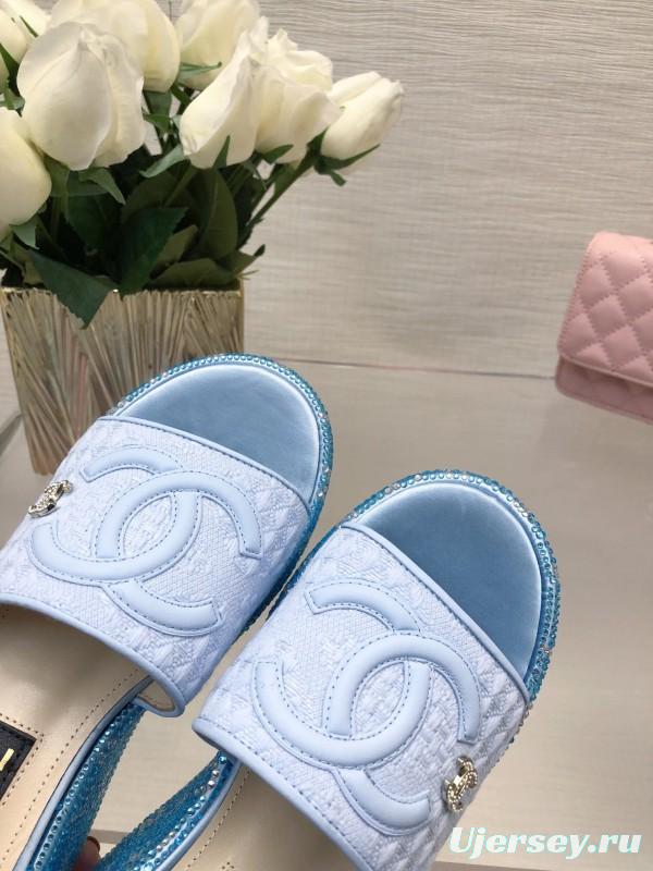 2025 Women Chanel Blue White Fabric Platform Slide Sandals LY00320