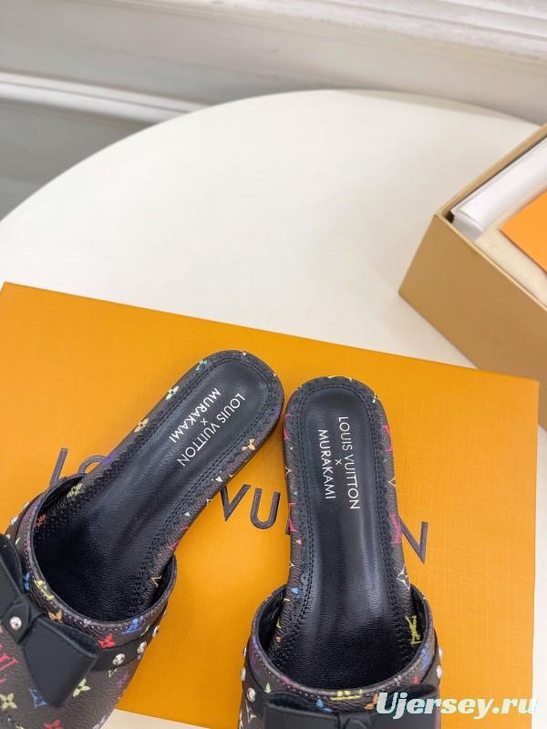 2025 Slippers Louis Vuitton Black Multicolor Monogram Leather Bow KFY00290