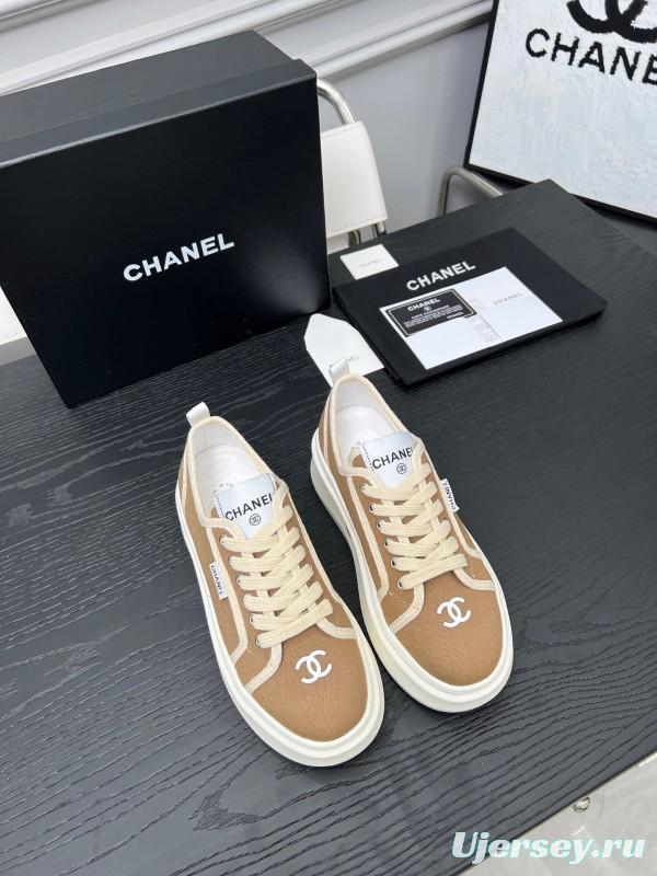 2025 Women Chanel Beige Canvas Leather Sneakers Collaboration LY00250