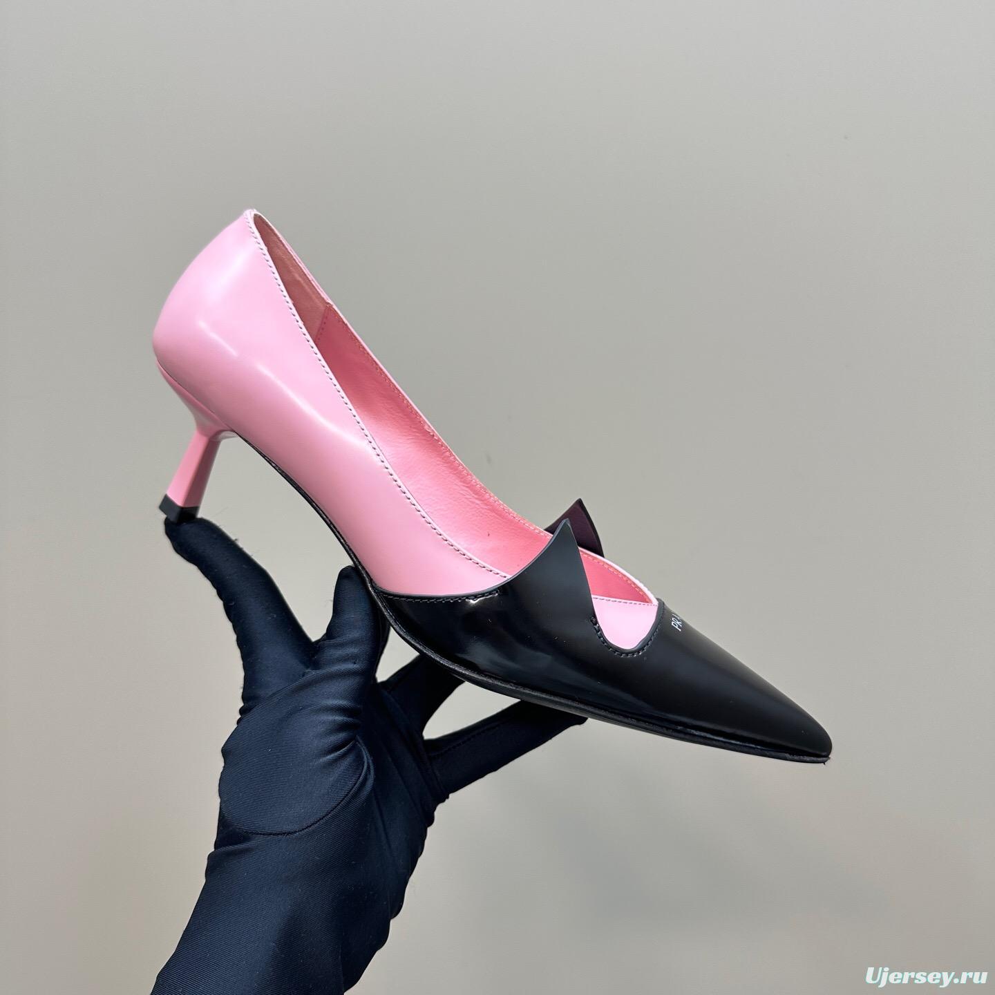 2025 Women Prada Pink Black Leather Pointed Toe Low Heel KFY00310