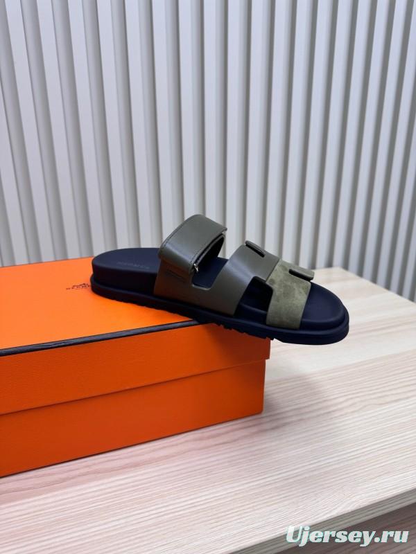 2025 Women Hermès Khaki Black Leather Slippers