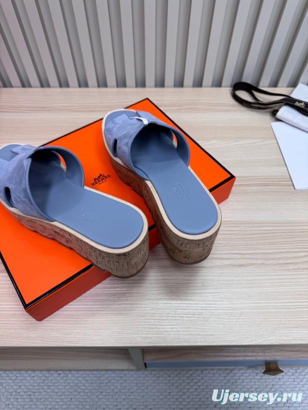 2025 Women Hermès Blue Suede Slippers