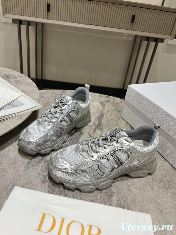 2025 Women Dior Silver Mesh Leather Running Sneakers