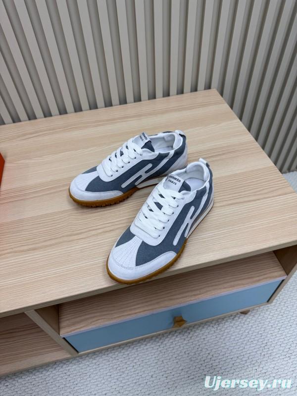 2025 Unisex Hermès White Grey Suede Down Fabric Sneakers Top Version LY00310