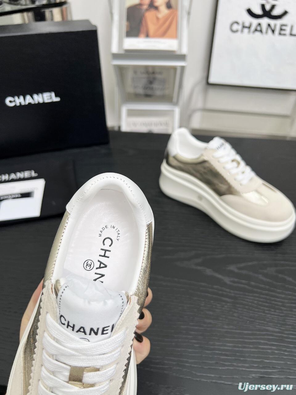 2025 Women Chanel Beige Gold Leather Suede Sneakers LY00290