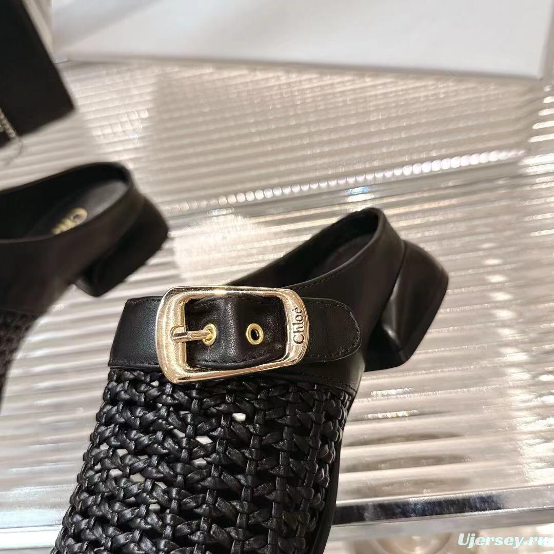 2025 Women Chloé Black Leather Woven Slippers