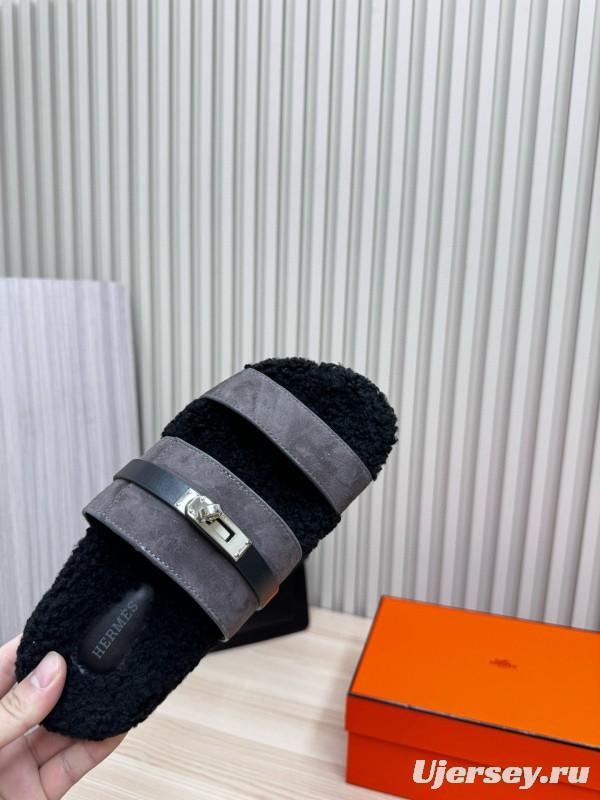 2024 Slippers Hermès Black Grey Shearling Slippers MJ00300