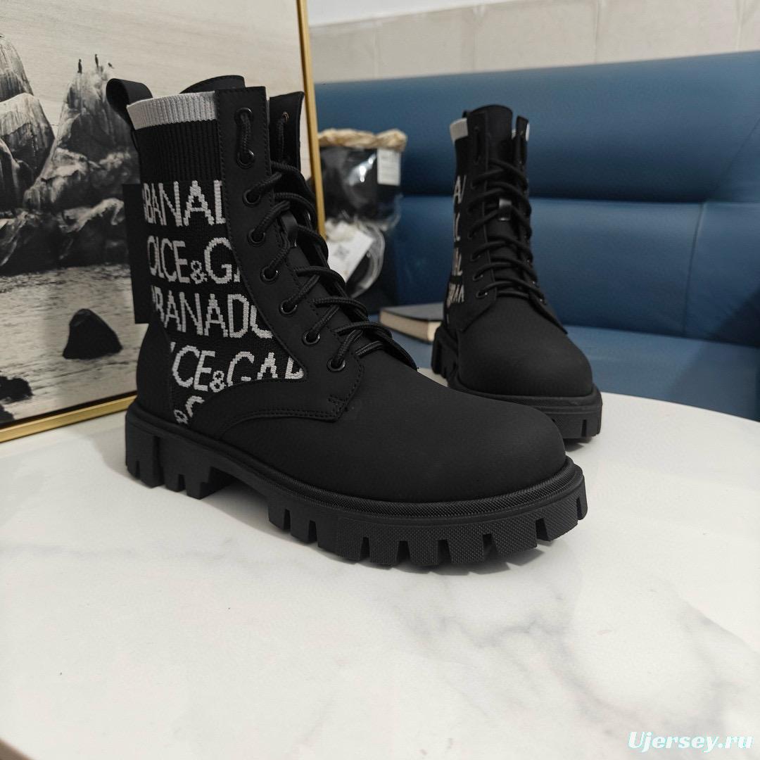 2024 Unisex Dolce & Gabbana Black Knit Leather Combat Boots MJ00390