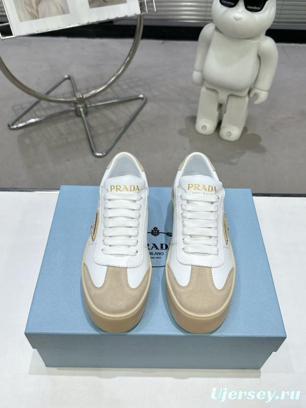 2025 Women Prada White Beige Leather Suede Sneakers