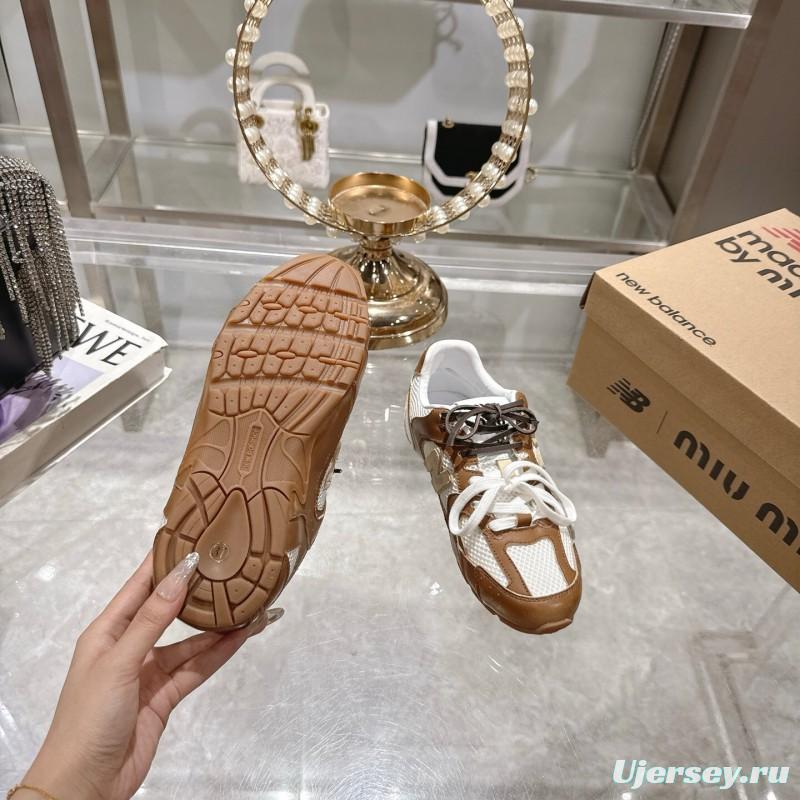2025 Women Miumiu Brown White Leather Mesh Sneakers