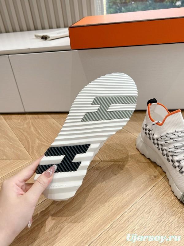2024 Unisex Hermès White Black Orange Knit Sneakers