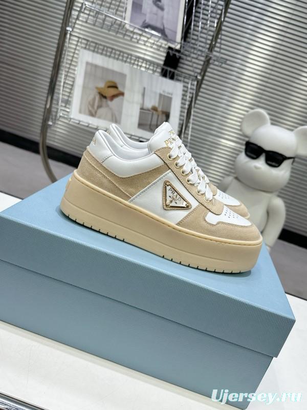 2025 Women Prada White Beige Leather Sneakers