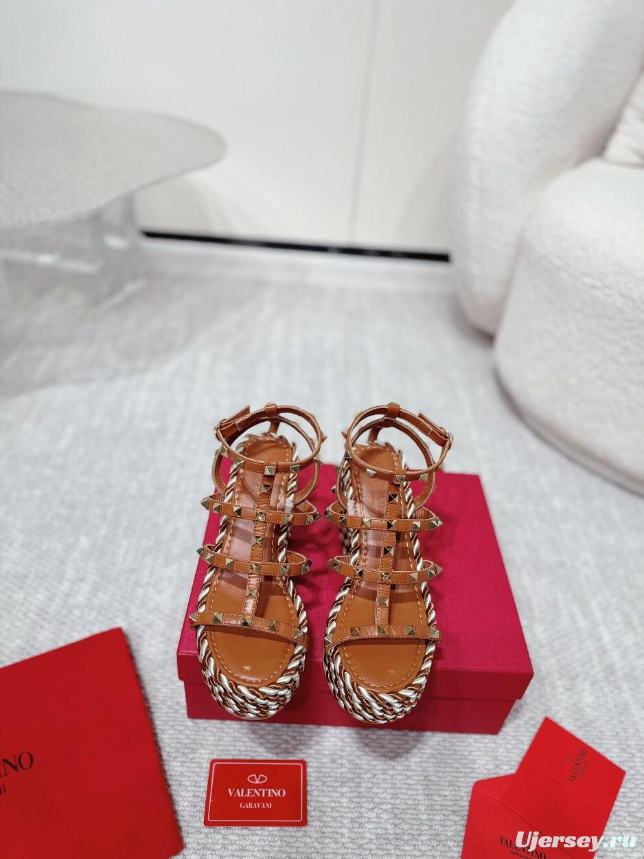2025 Women Valentino Brown Leather Wedge Sandals Braided Cotton LY00290