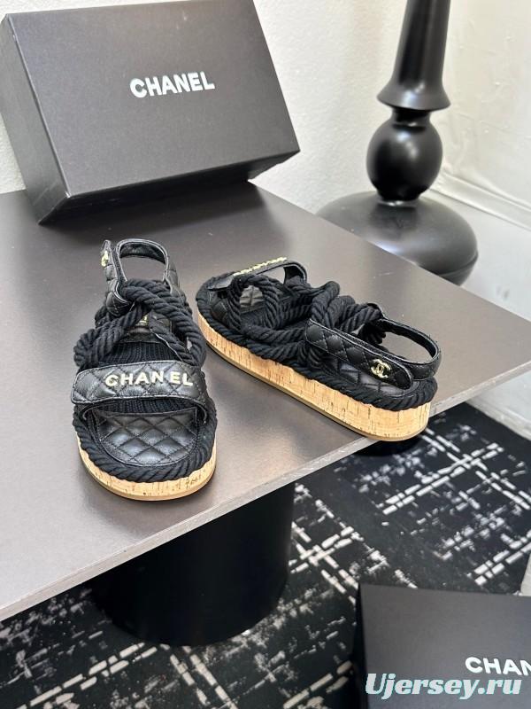 2025 Slippers Chanel Black Rope Leather Sandal LY00260