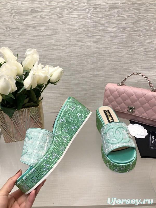 2025 Women Chanel Green Turquoise Tweed Platform Slippers LY00320