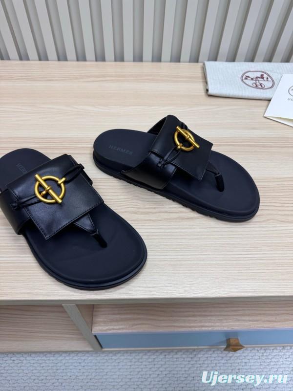 2025 Women Hermès Black Leather Slippers