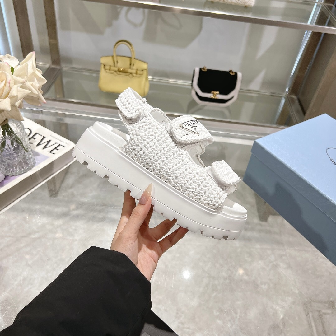 2025 Women Prada White Knitted Platform Sandals
