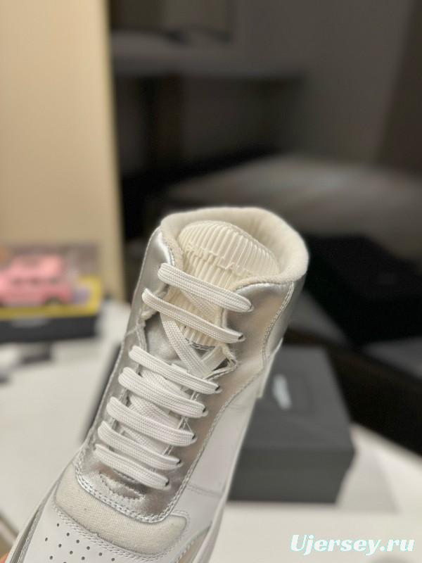 2024 Unisex Yves Saint Laurent White Silver Leather High Top Sneakers MJ00390