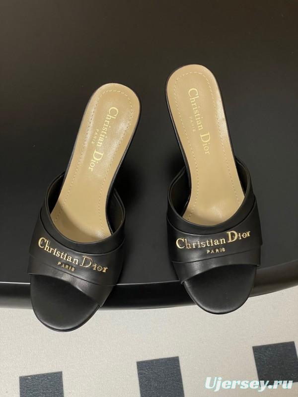 2025 Women Dior Black Leather High Heel Mules