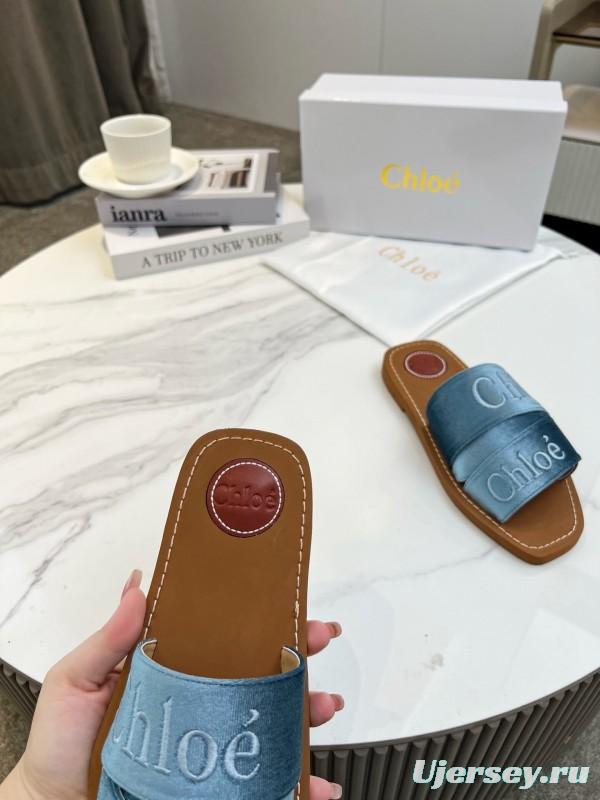 2025 Women Chloé Blue Denim Leather Slippers LY00200