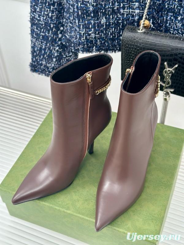 2024 Women Gucci brown calf leather ankle boots chain MJ00410