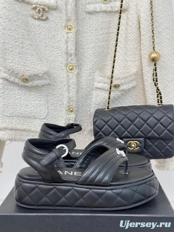 2025 Women Chanel Black Leather Sandals Platform